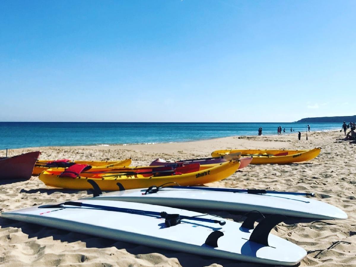 kayaks and paddle boards on a sandy beach