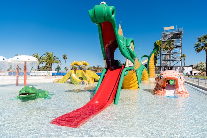 Colorful water park with dragon slide, pool, and palm trees under clear blue sky.