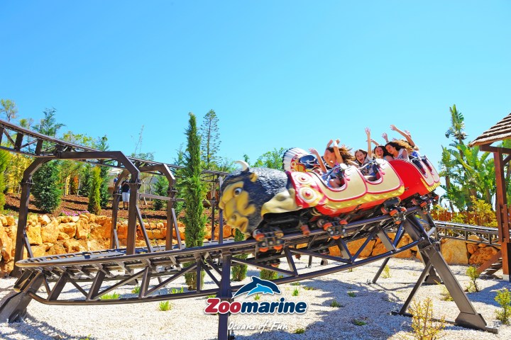 Children riding a dragon-themed roller coaster under a clear blue sky at a theme park.